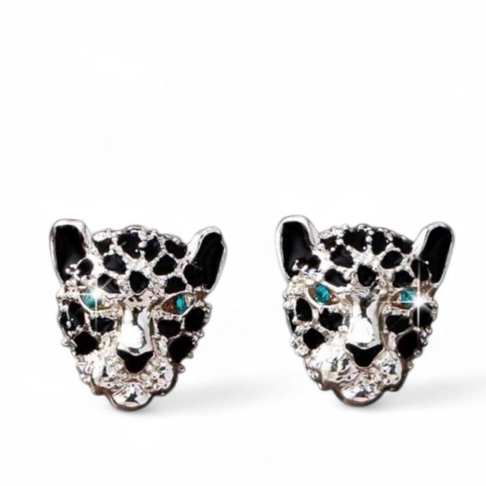 Silver Leopard Head Stud Earrings Emerald Eye Statement Luxury Inspired Chic NWT
